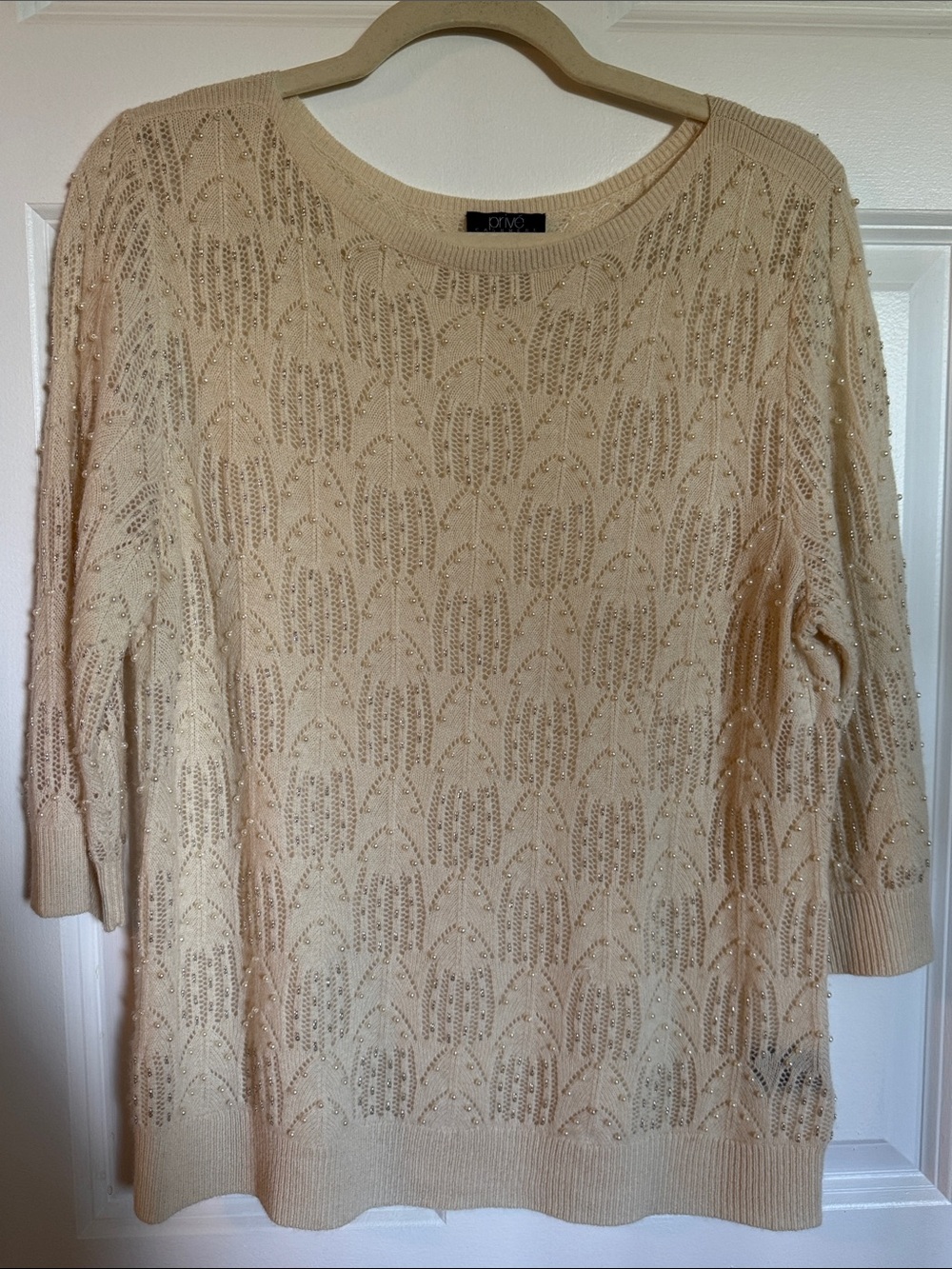 Vintage Beaded Openwork Cashmere Sweater - Cream